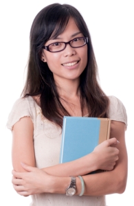 An Asian college student carrying a big book on white background
